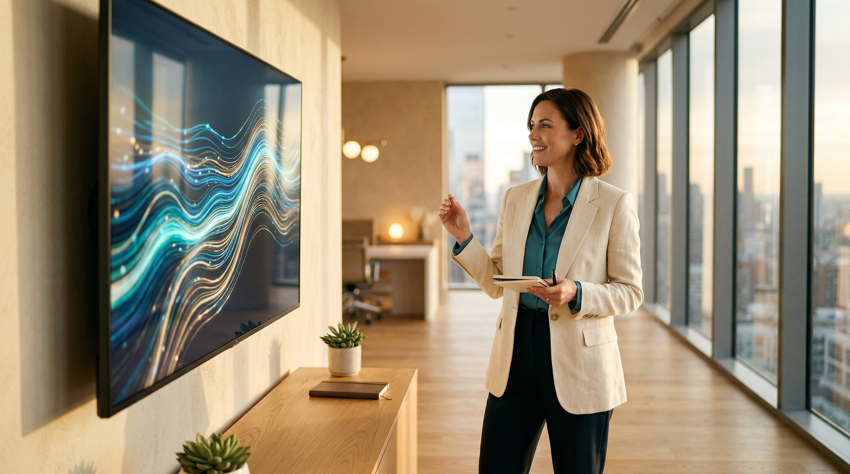 Business professional analyzing AI-powered sales data on a large display in a modern office